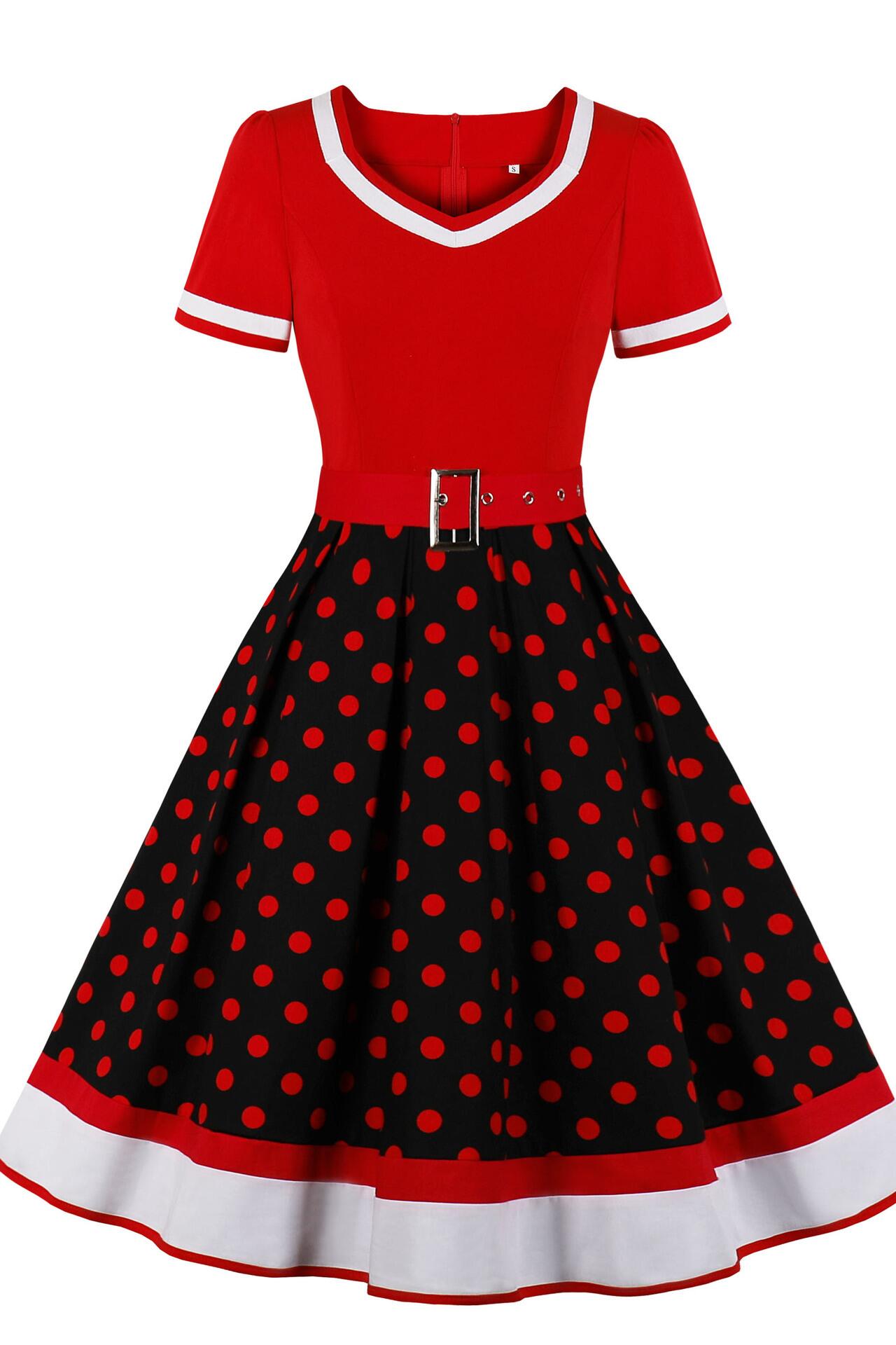 Black 1950s Polka Dots V Neck Vintage Dresses
