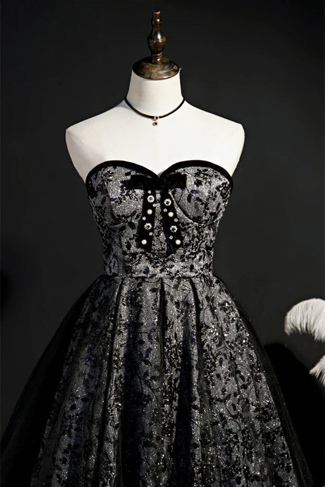 Black Flower Sequin Short Dress with Bow