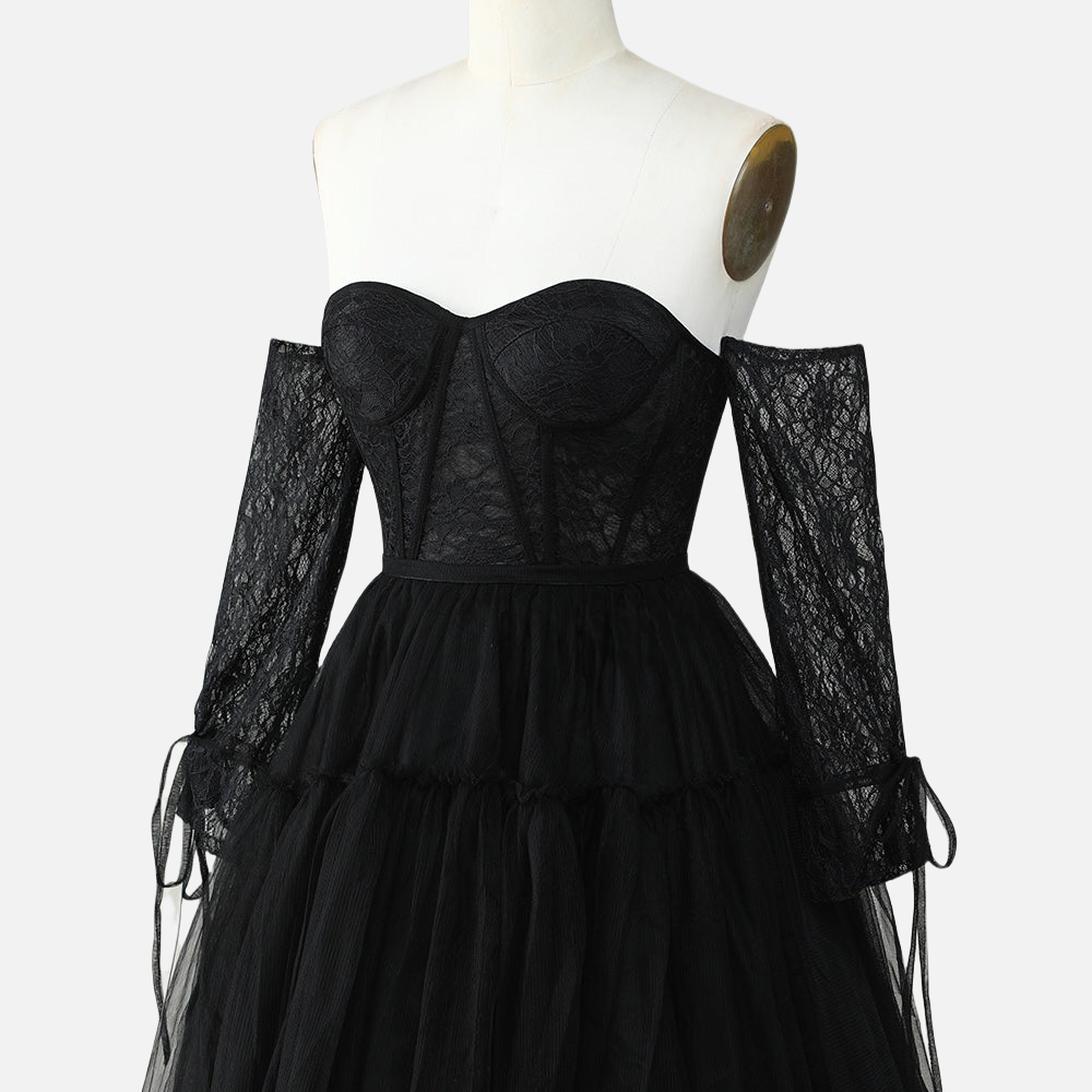 
                      
                        Black Off the Shoulder Long Sleeves Lace Short Dress
                      
                    