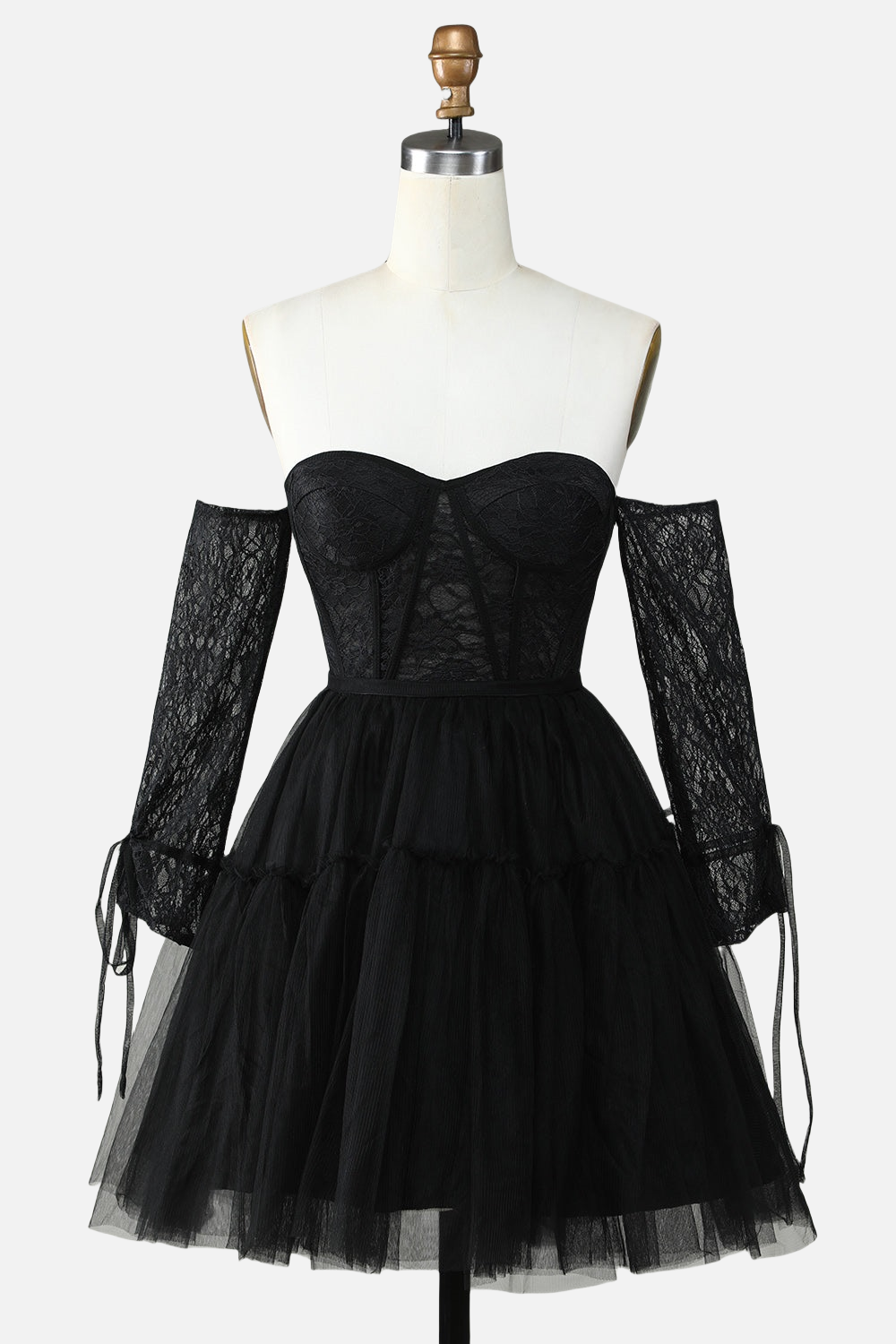 Black Off the Shoulder Long Sleeves Lace Short Dress