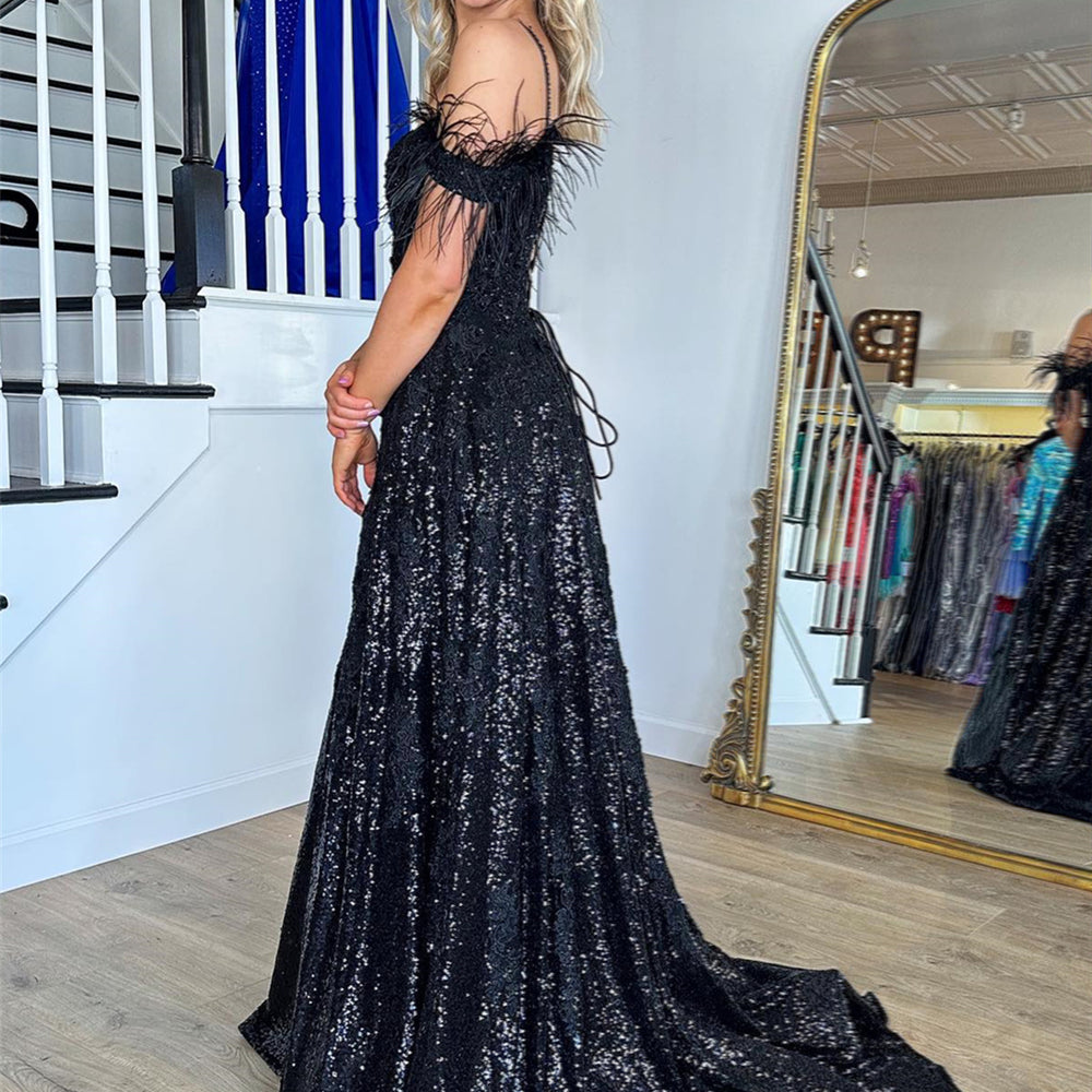 
                      
                        Black Sequin Appliques Long Dress with Slit
                      
                    