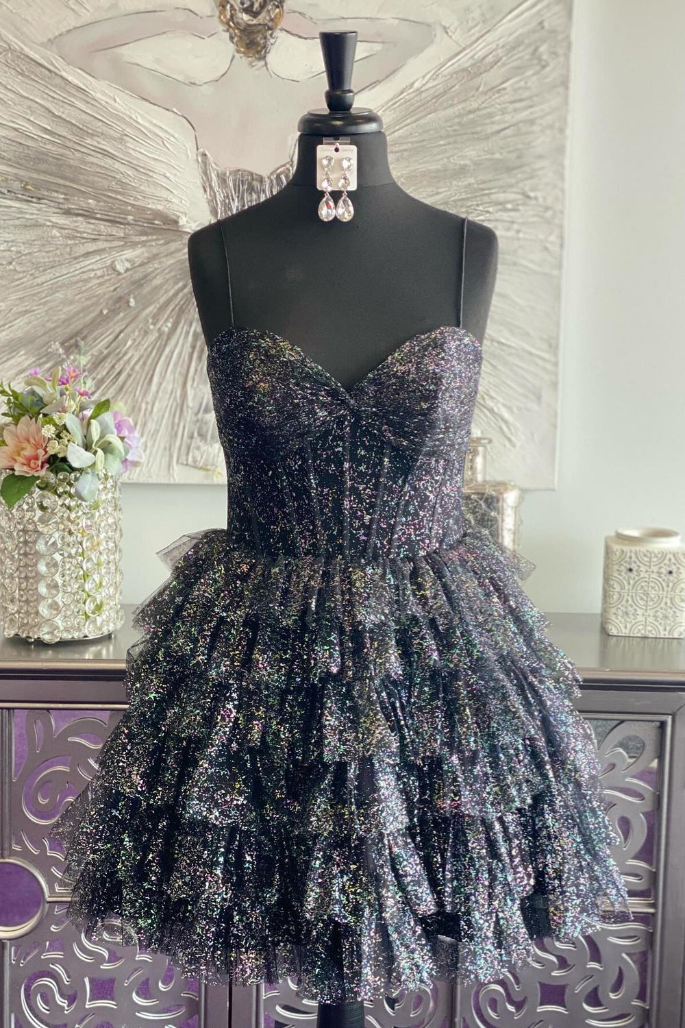 Black Sparkle Tulle Tiered A-line Short Dress