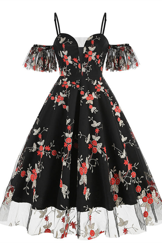 Black 1950s Off the Shoulder Floral Embroidery Vintage Dress