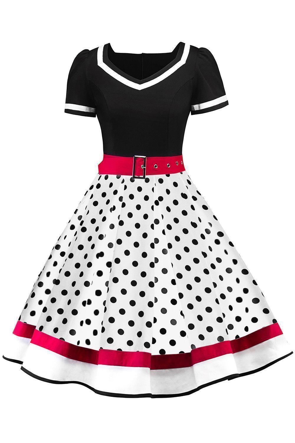 Black 1950s Polka Dots V Neck Vintage Dresses