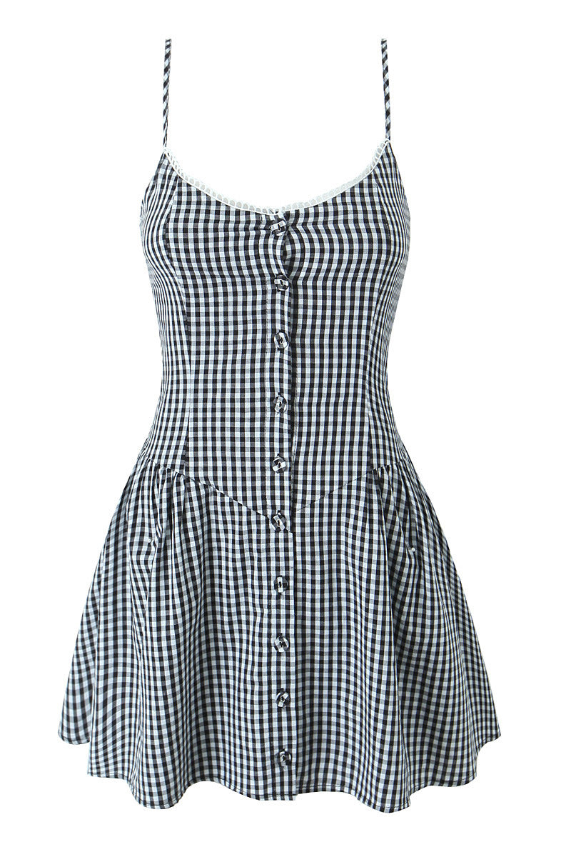 Black and White Plaid Short Dress with Button