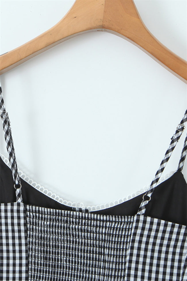 Black and White Plaid Short Dress with Button