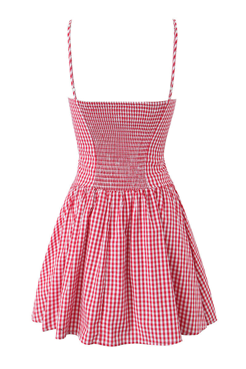 Black and White Plaid Short Dress with Button