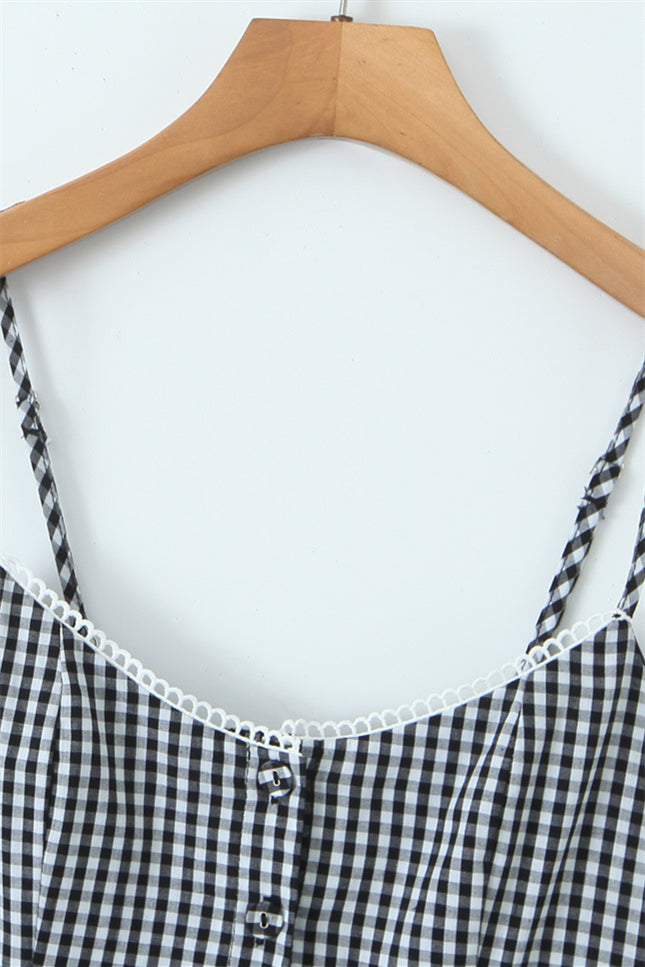 
                      
                        Black and White Plaid Short Dress with Button
                      
                    