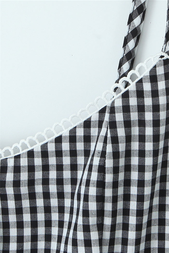 Black and White Plaid Short Dress with Button