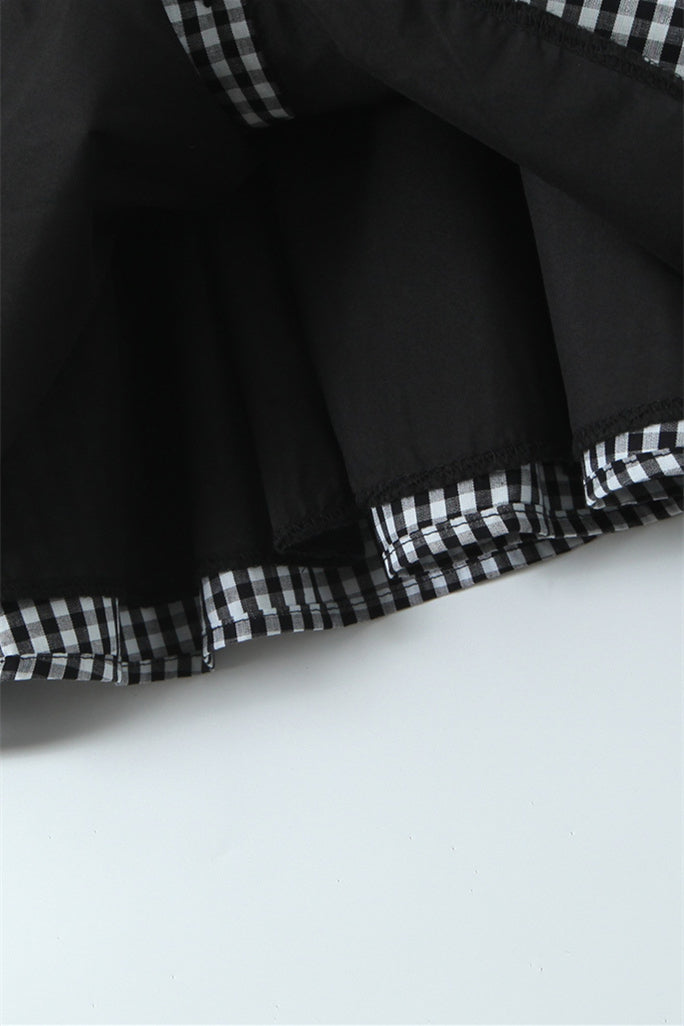 Black and White Plaid Short Dress with Button