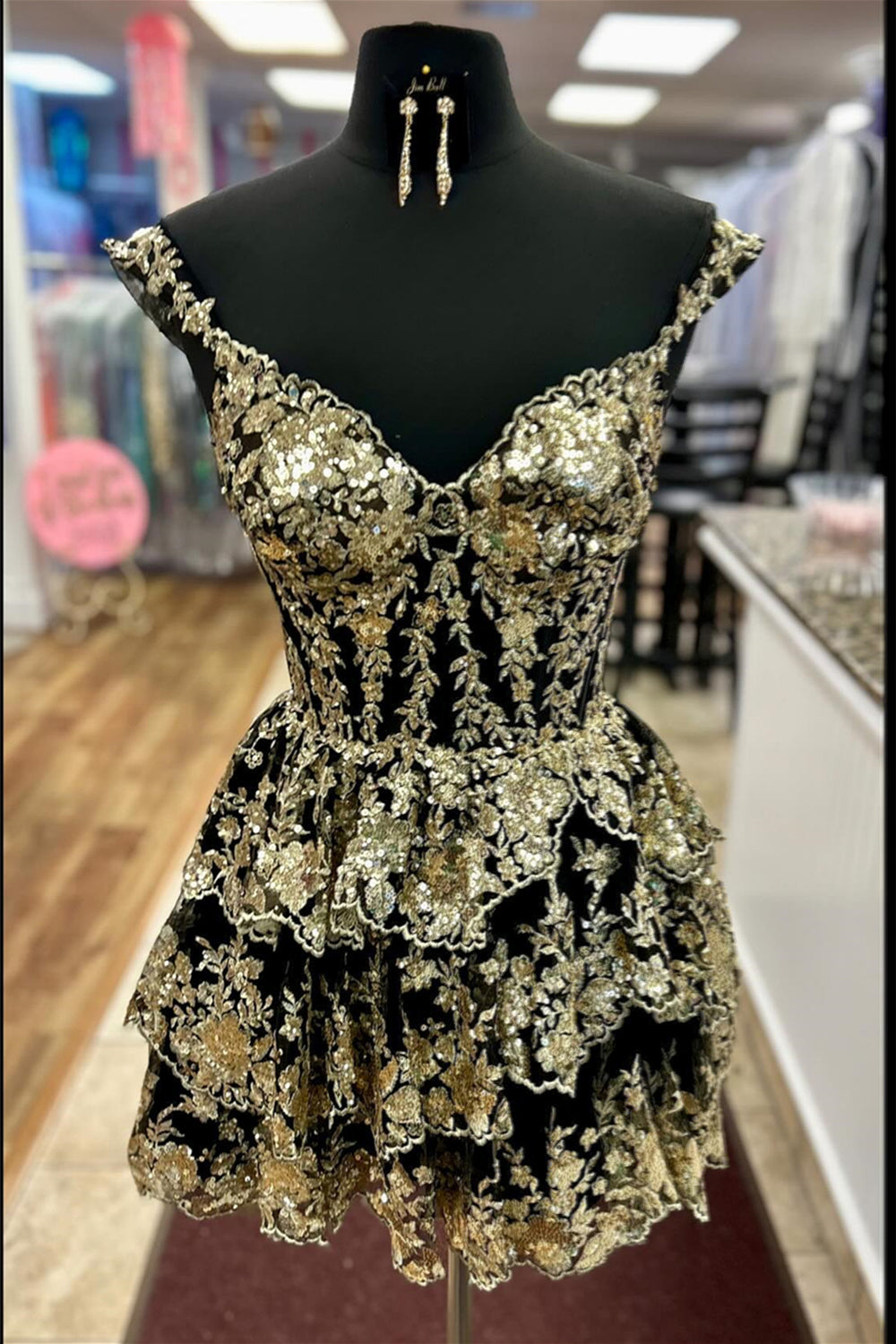 Black and Golden Sequin Tiered Short Dress