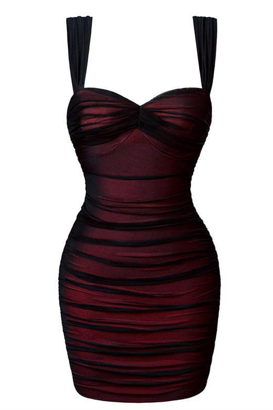Black and Red Ruched Bodycon Short Dress
