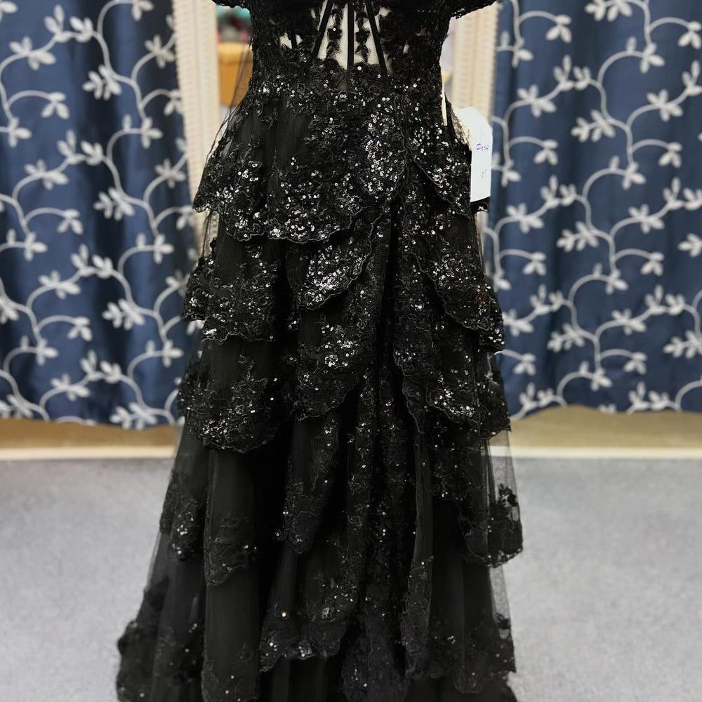 
                      
                        Black Sequin Tulle Tiered Ruffles Long Prom Dress
                      
                    