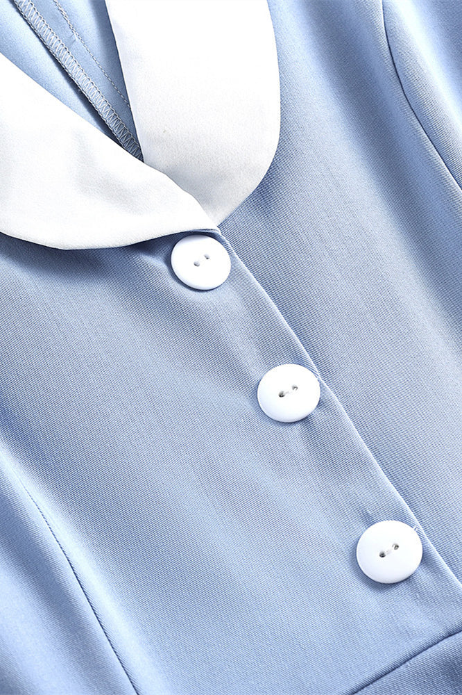 Blue 1950s Button Front Vintage Dress with Polkets