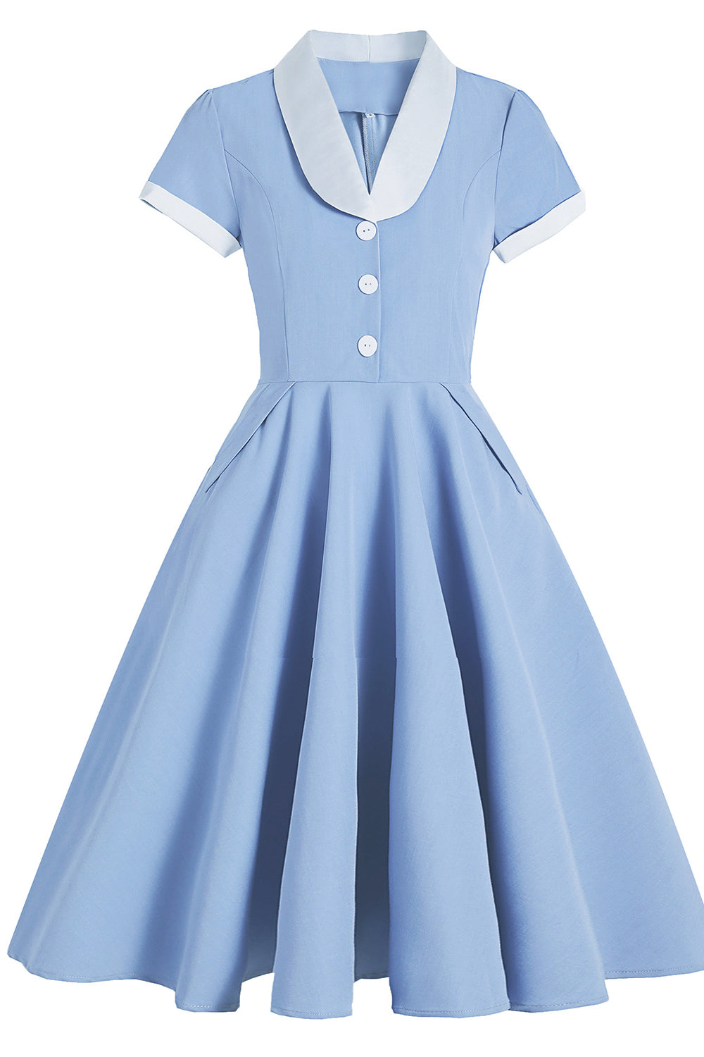 Blue 1950s Button Front Vintage Dress with Polkets