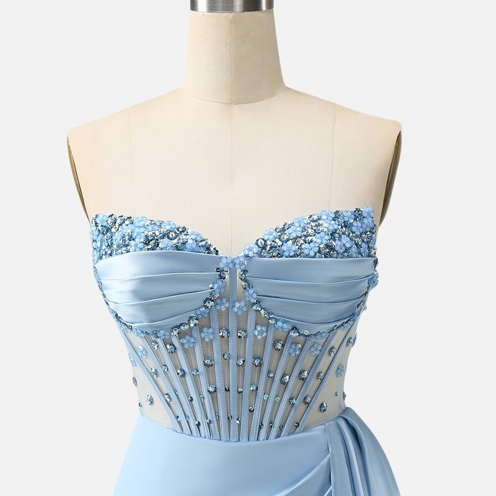 
                      
                        Blue Beaded Ruched Bodycon Short Dress with Shawl
                      
                    