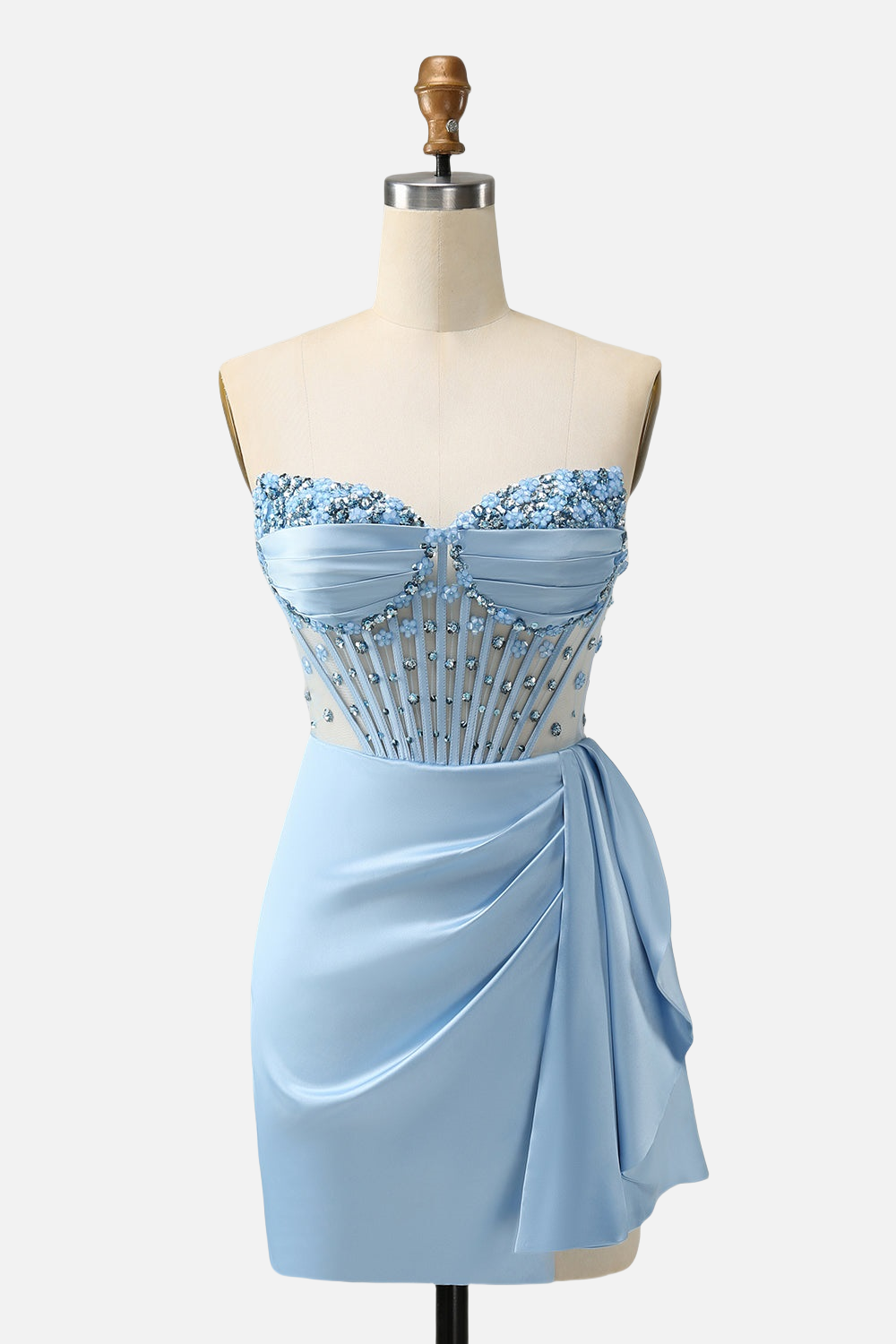 Blue Beaded Ruched Bodycon Short Dress with Shawl