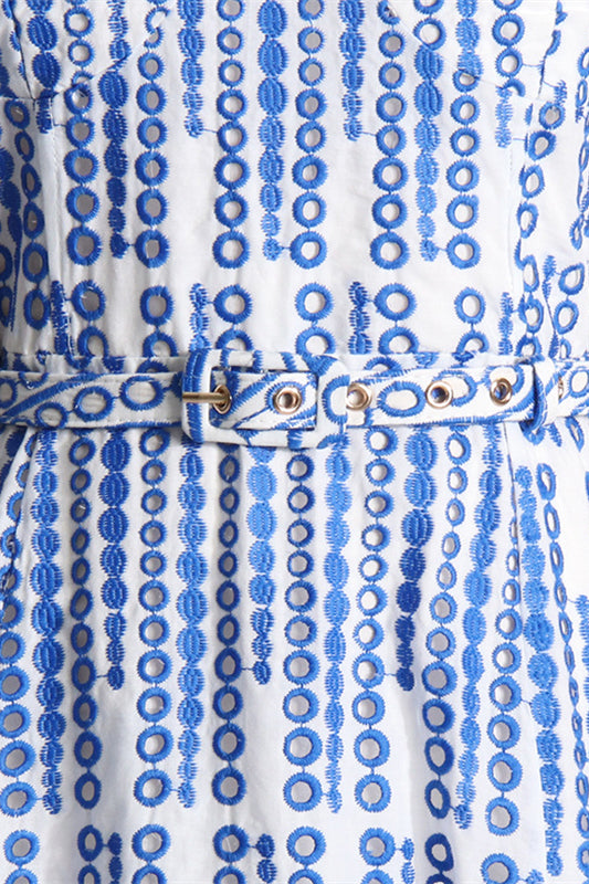 
                      
                        Blue Embroidery Ruffled Hem Short Dress with Belt
                      
                    