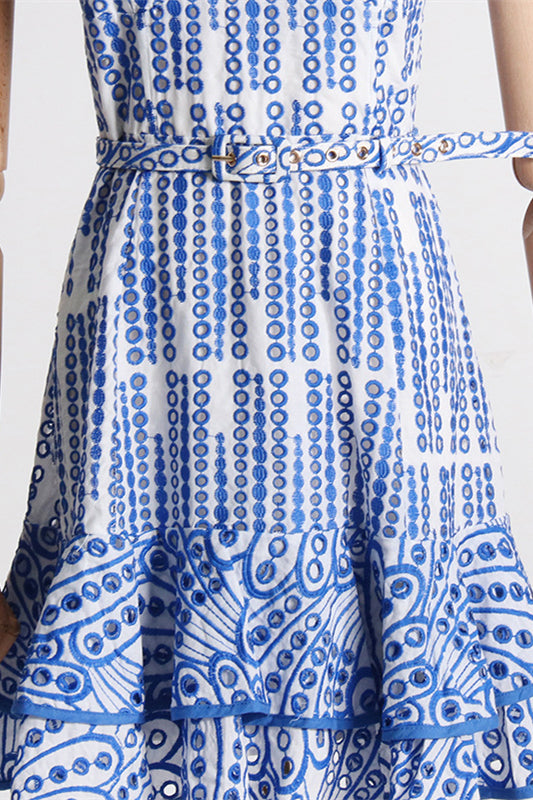 
                      
                        Blue Embroidery Ruffled Hem Short Dress with Belt
                      
                    
