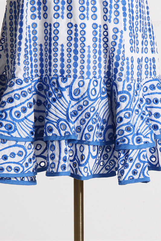 
                      
                        Blue Embroidery Ruffled Hem Short Dress with Belt
                      
                    