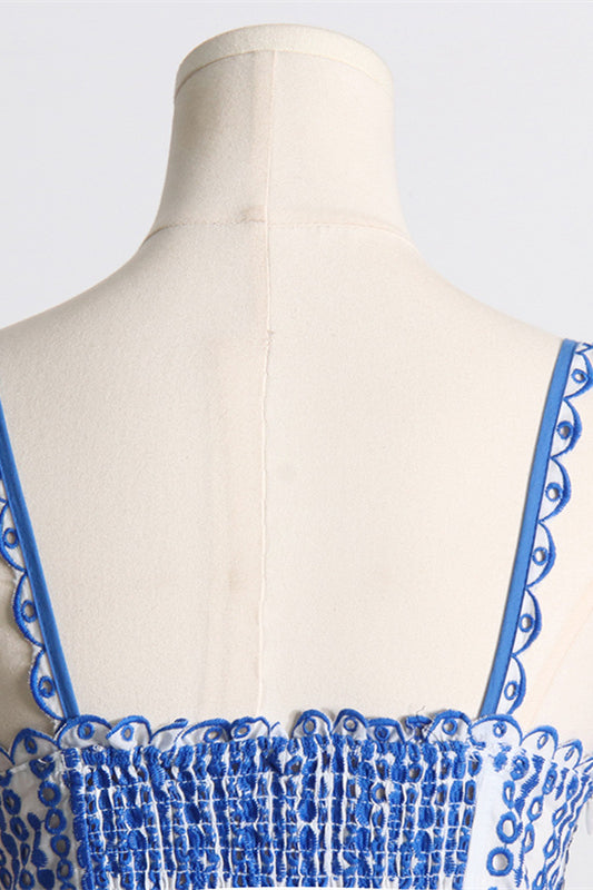 
                      
                        Blue Embroidery Ruffled Hem Short Dress with Belt
                      
                    