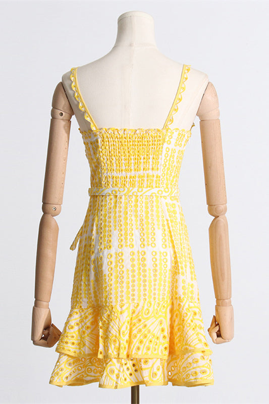 
                      
                        Blue Embroidery Ruffled Hem Short Dress with Belt
                      
                    