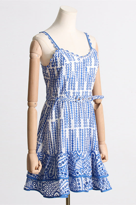 
                      
                        Blue Embroidery Ruffled Hem Short Dress with Belt
                      
                    