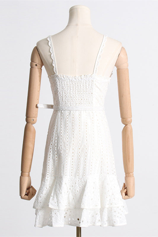 
                      
                        Blue Embroidery Ruffled Hem Short Dress with Belt
                      
                    