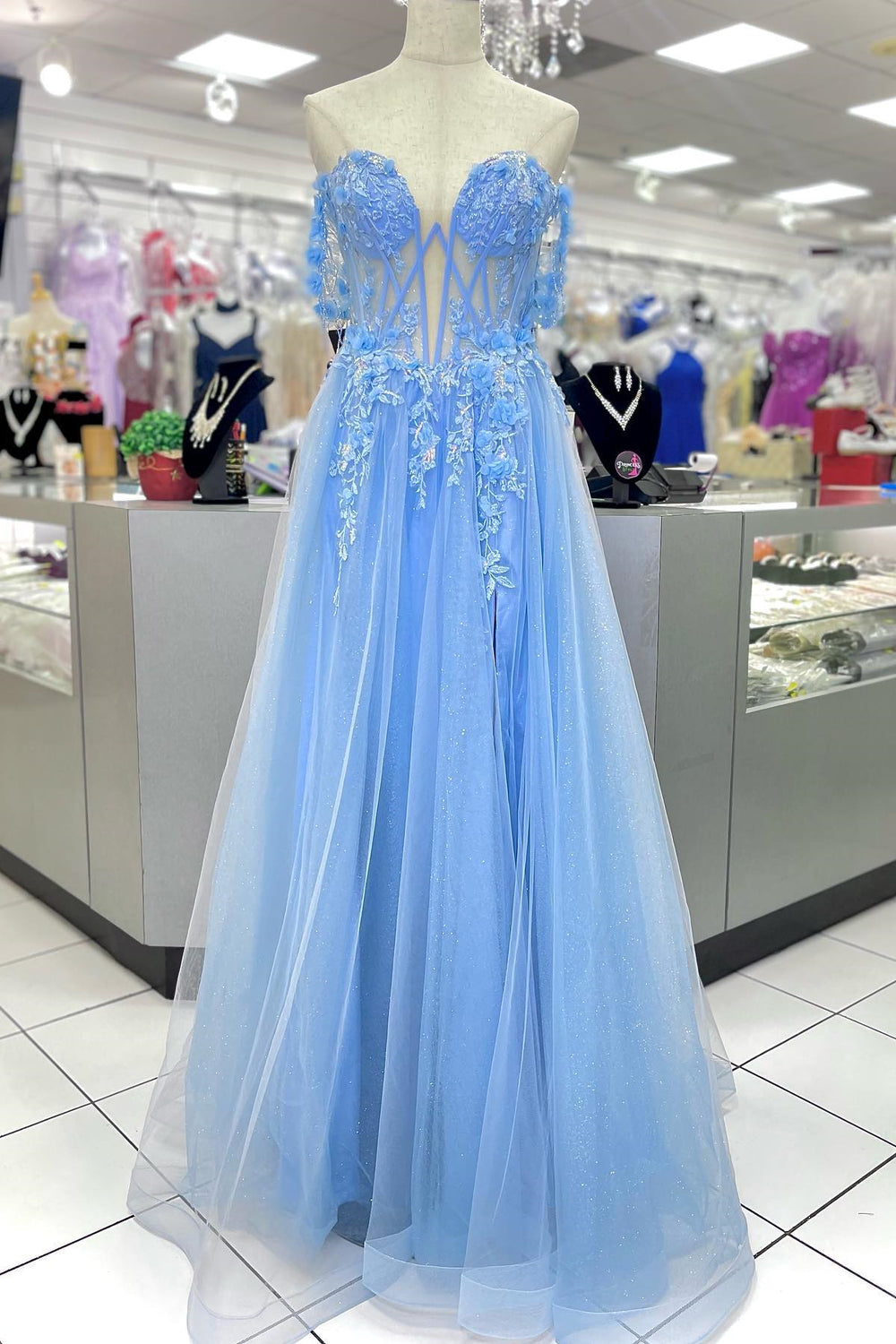 Blue Corset Tulle A-line Long Formal Dress