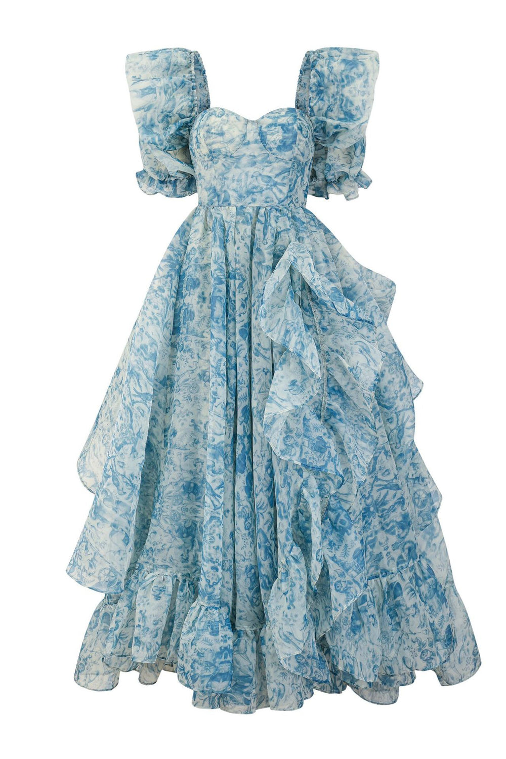 Blue Print Ruffle Tiered Long Dress with Slit