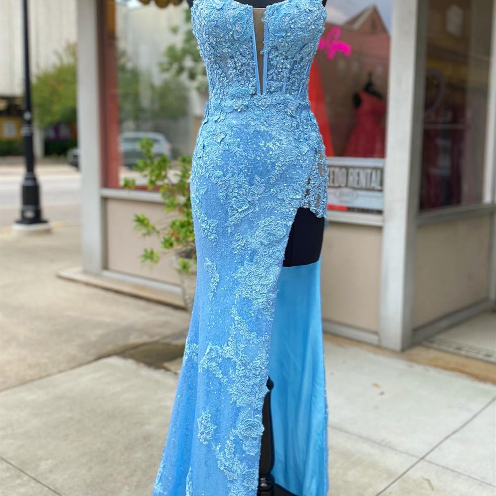 
                      
                        Blue Sequin Appliques Long Dress with Slit
                      
                    