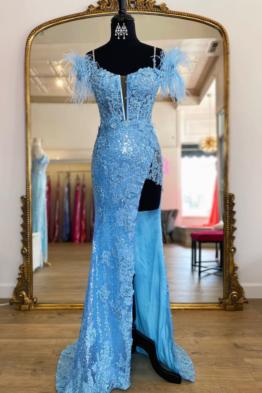 Blue Sequin Appliques Long Dress with Slit