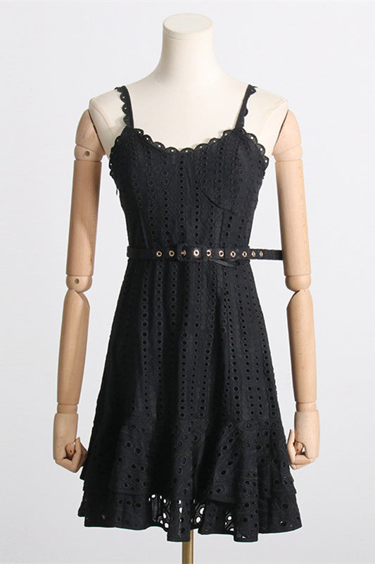Blue Embroidery Ruffled Hem Short Dress with Belt