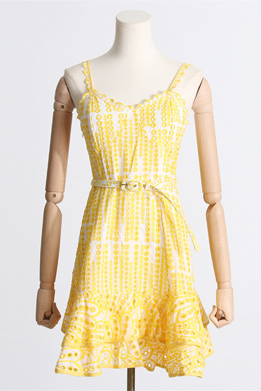 Blue Embroidery Ruffled Hem Short Dress with Belt
