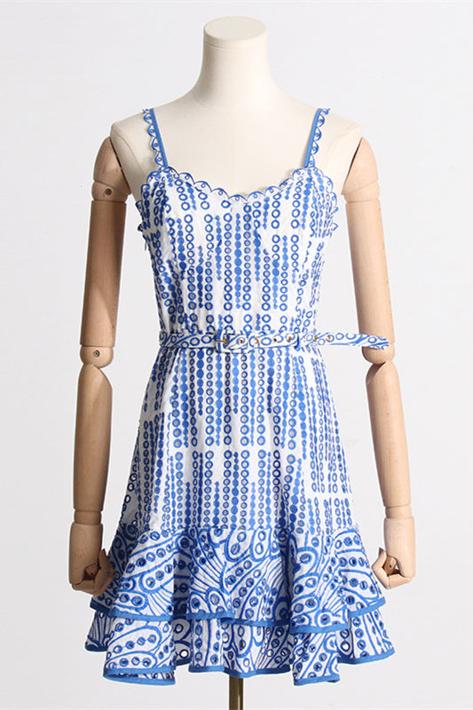 Blue Embroidery Ruffled Hem Short Dress with Belt