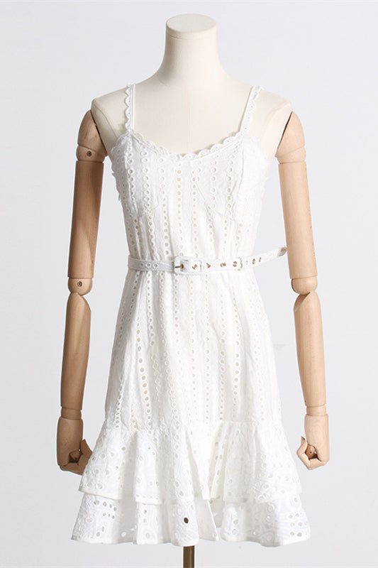 Blue Embroidery Ruffled Hem Short Dress with Belt