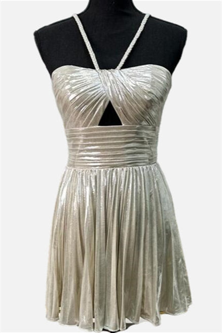 Blue Pleated High Waist Metallic Short Dress