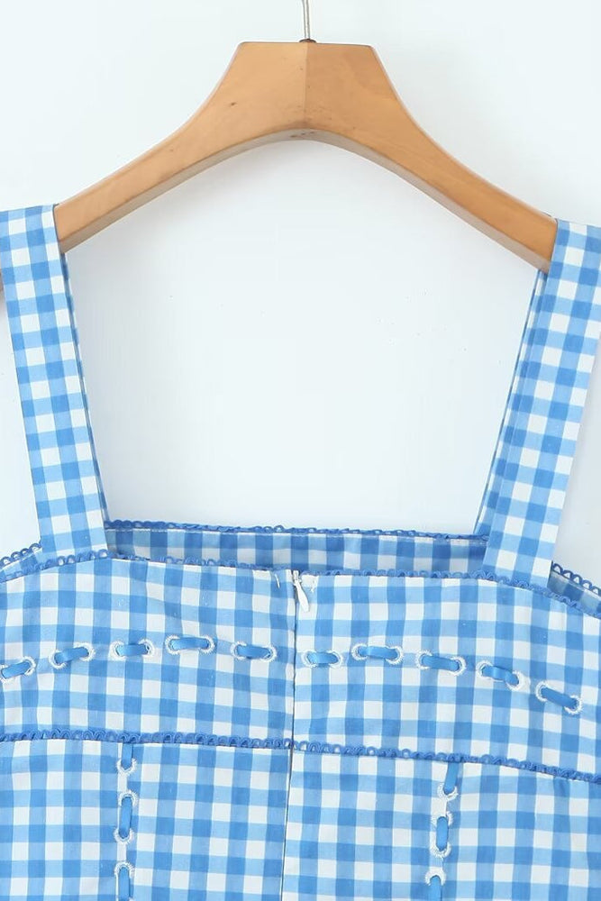 
                      
                        Blue and White Plaid Summer Dress with Pocket
                      
                    