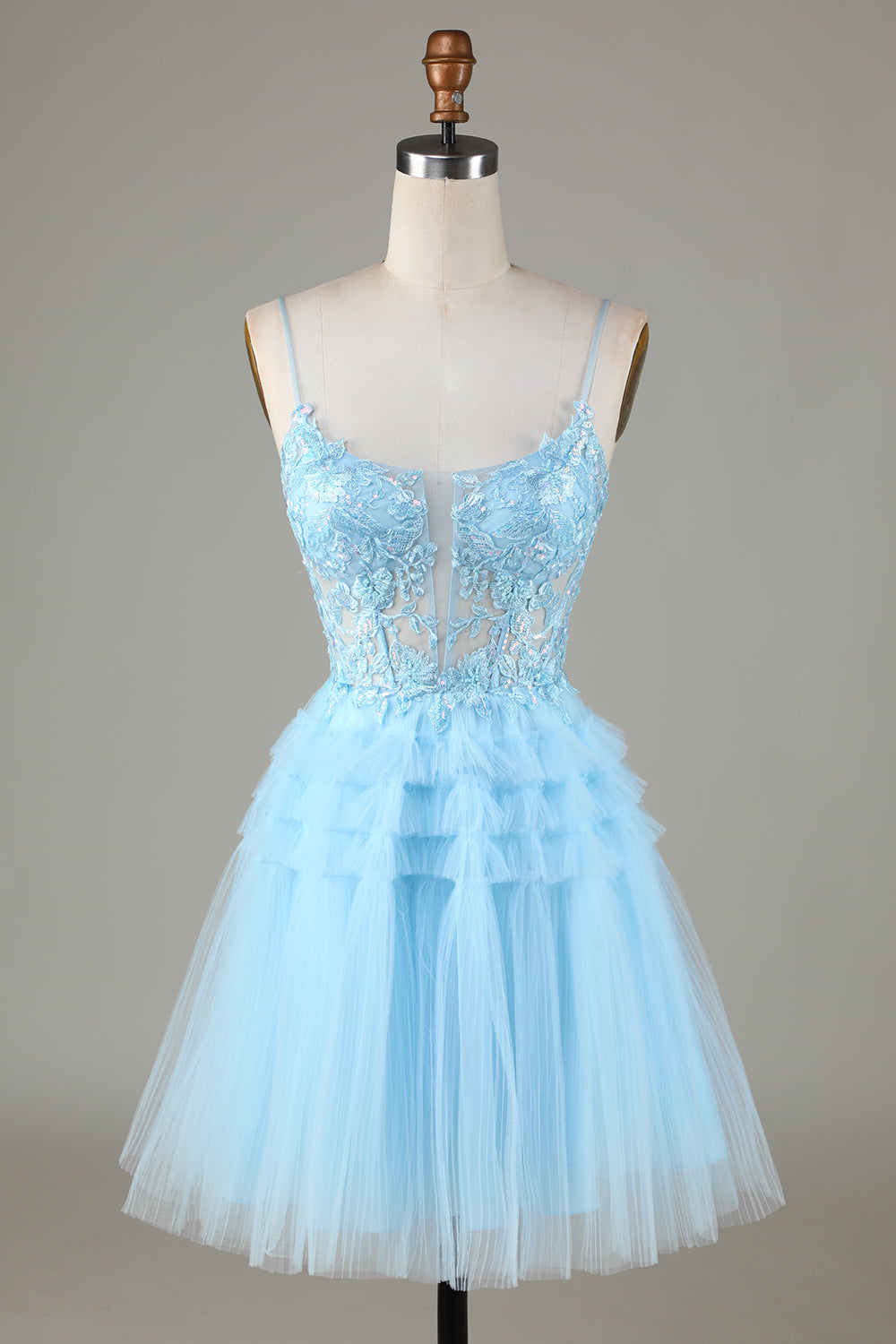 Blue Appliques Tiered Ruffle Short Homecoming Dress