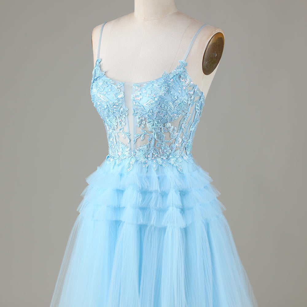 
                      
                        Blue Appliques Tiered Ruffle Short Homecoming Dress
                      
                    