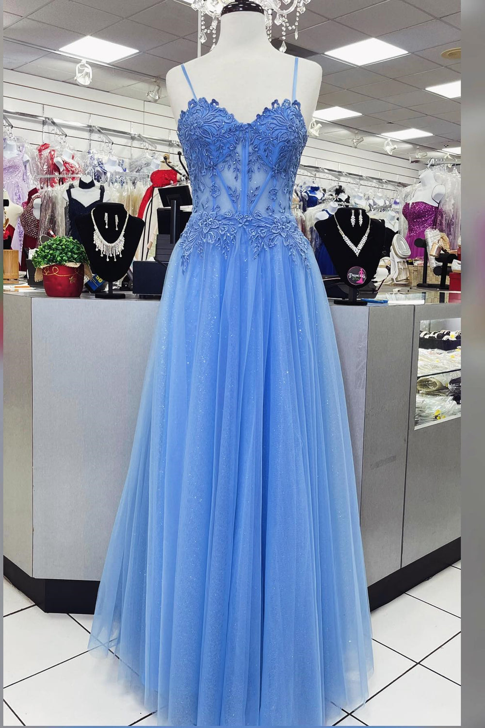 Blue Lace Appliques A-line Long Formal Gown