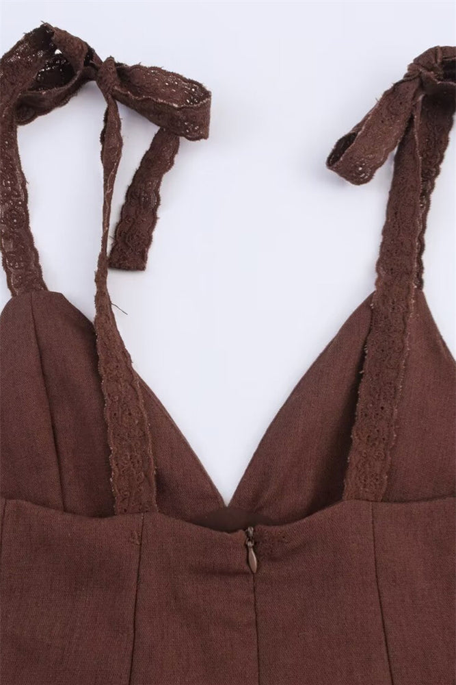 
                      
                        Bow Straps Brown Embroidery A-line Mini Dress
                      
                    