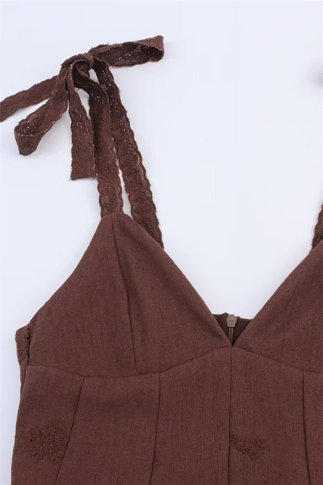 
                      
                        Bow Straps Brown Embroidery A-line Mini Dress
                      
                    