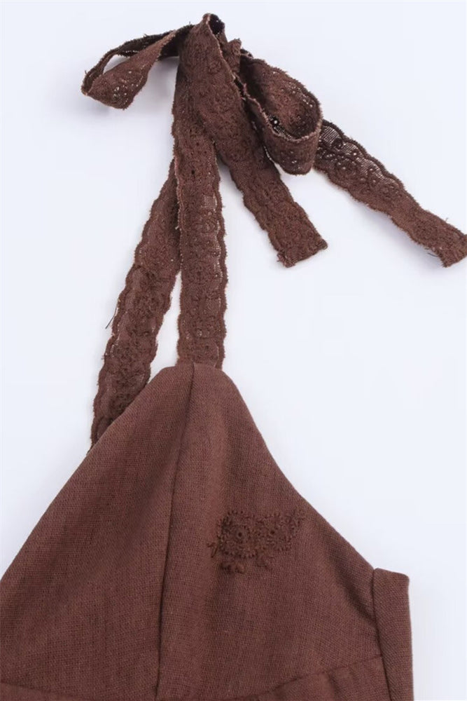 
                      
                        Bow Straps Brown Embroidery A-line Mini Dress
                      
                    