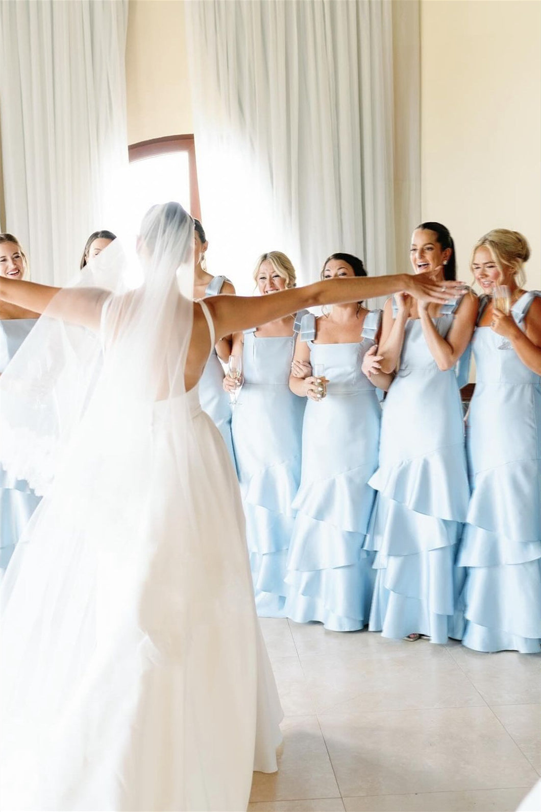Bow Straps Dusty Blue Tiered Long Bridesmaid Dress – PollyBoutique
