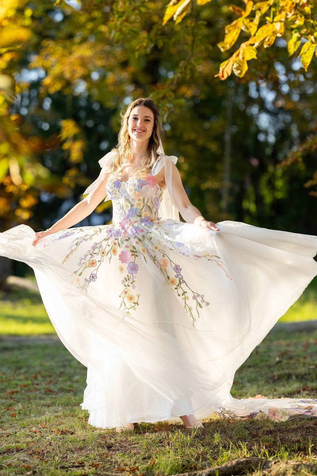 Bow Straps Ivory Multicolor Floral Embroidery Wedding Dress – PollyBoutique