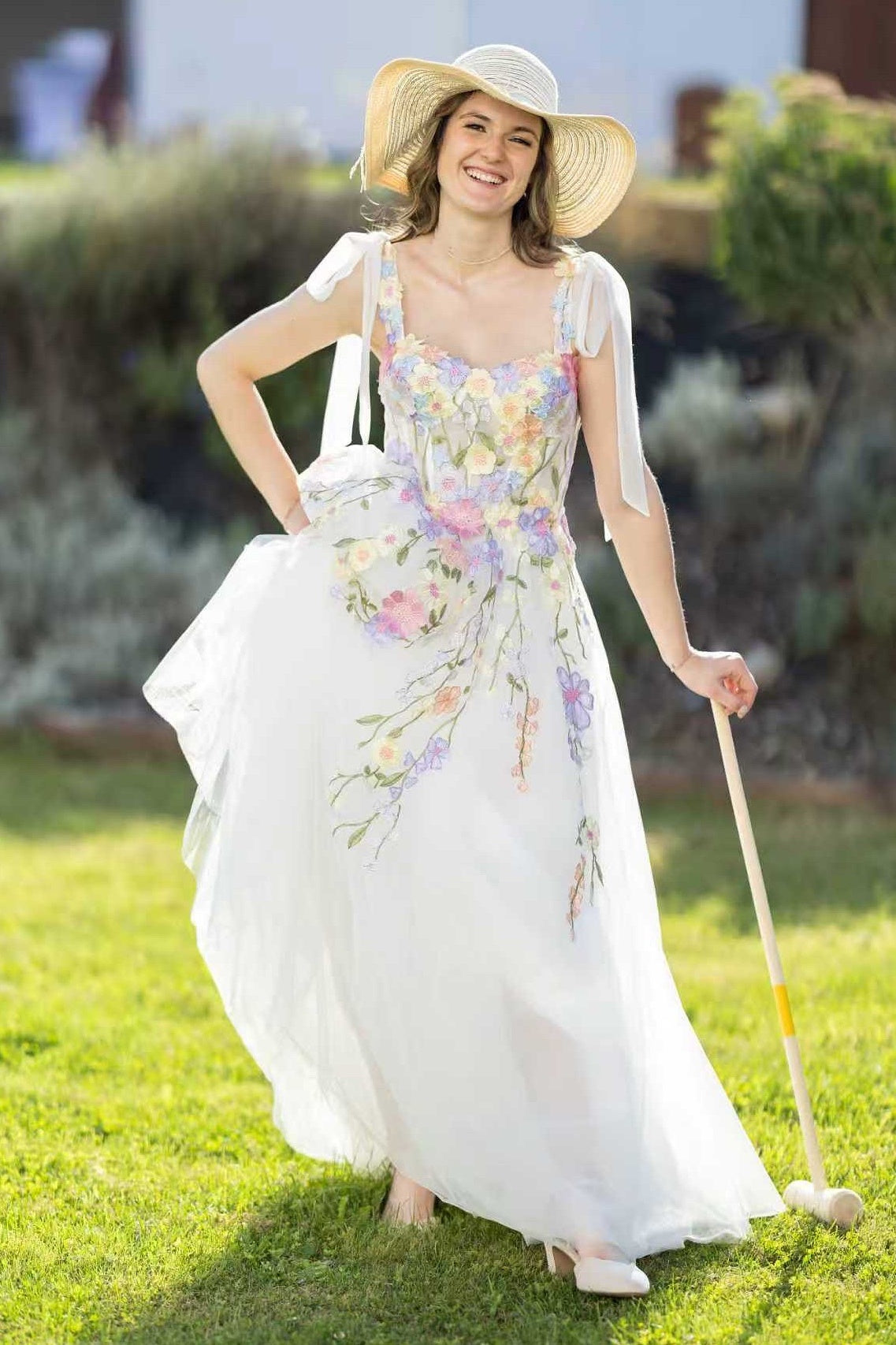 Bow Straps Ivory Multicolor Floral Embroidery Wedding Dress
