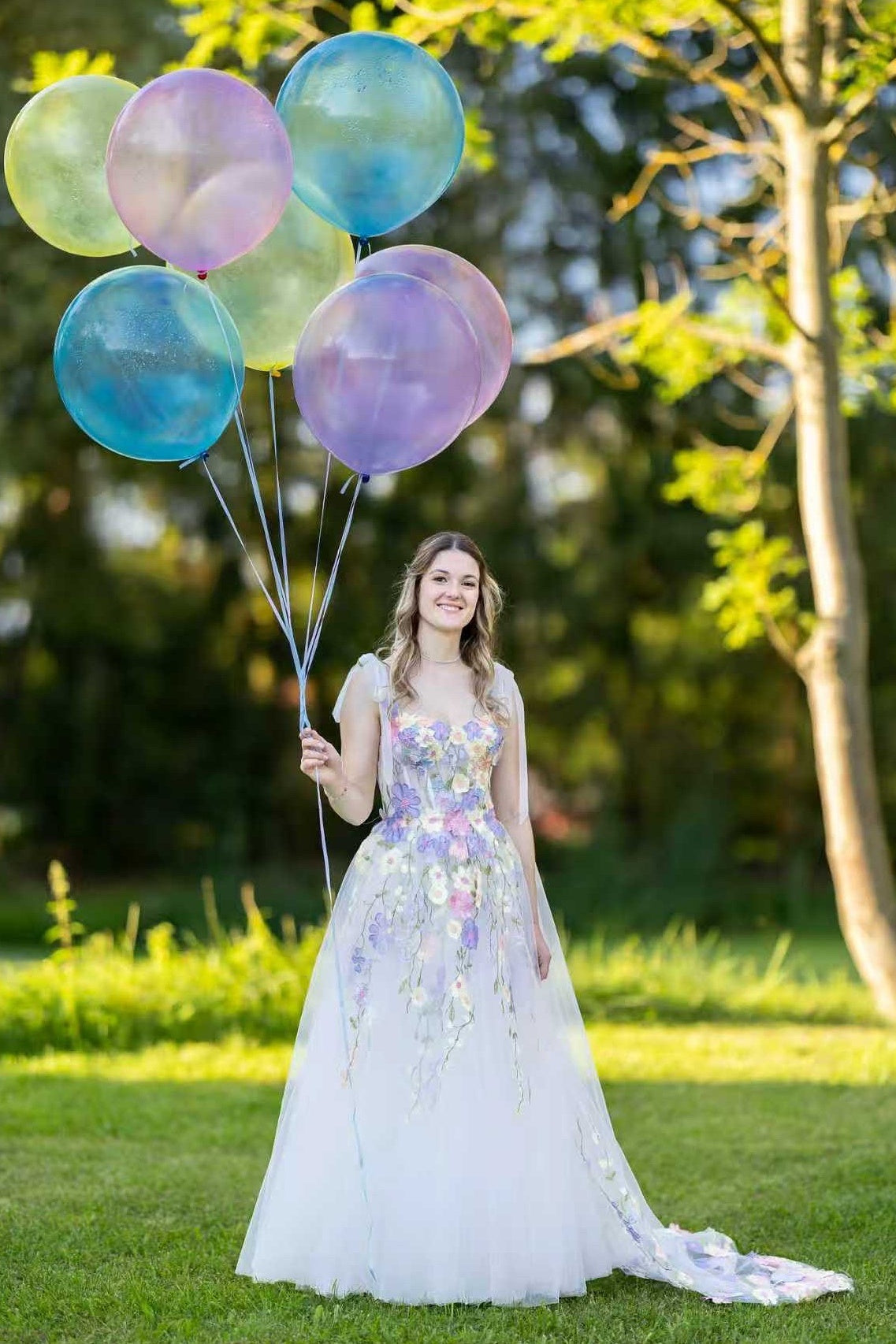 Bow Straps Ivory Multicolor Floral Embroidery Wedding Dress