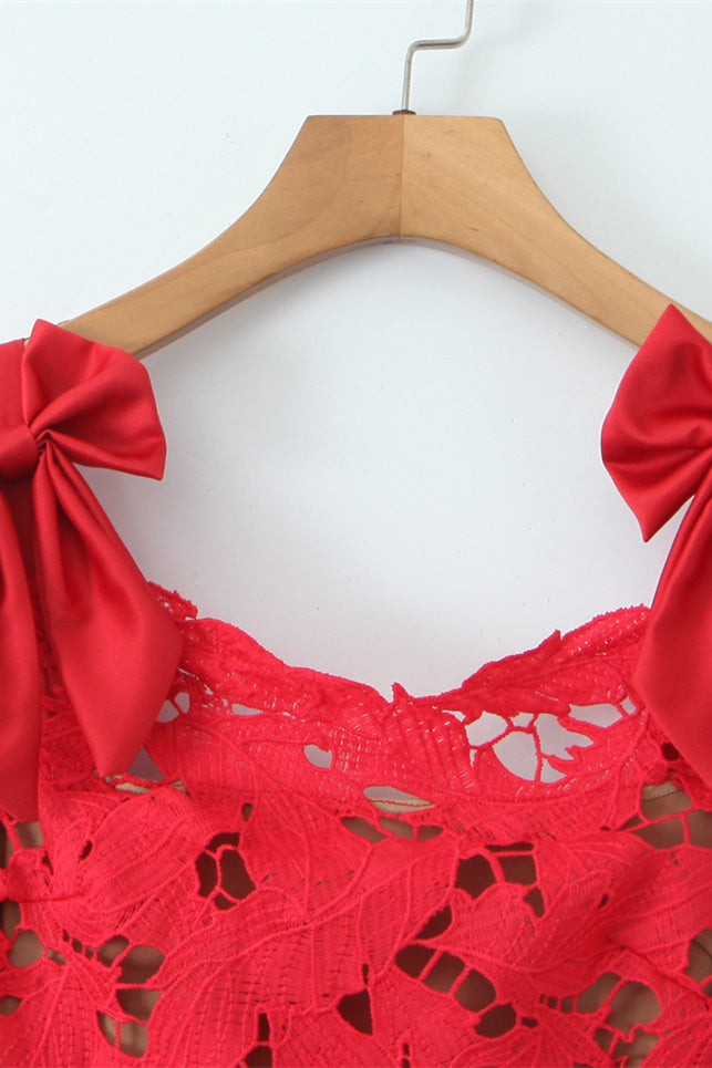 
                      
                        Bow Straps Red Floral Lace Bodycon Maxi Dress
                      
                    