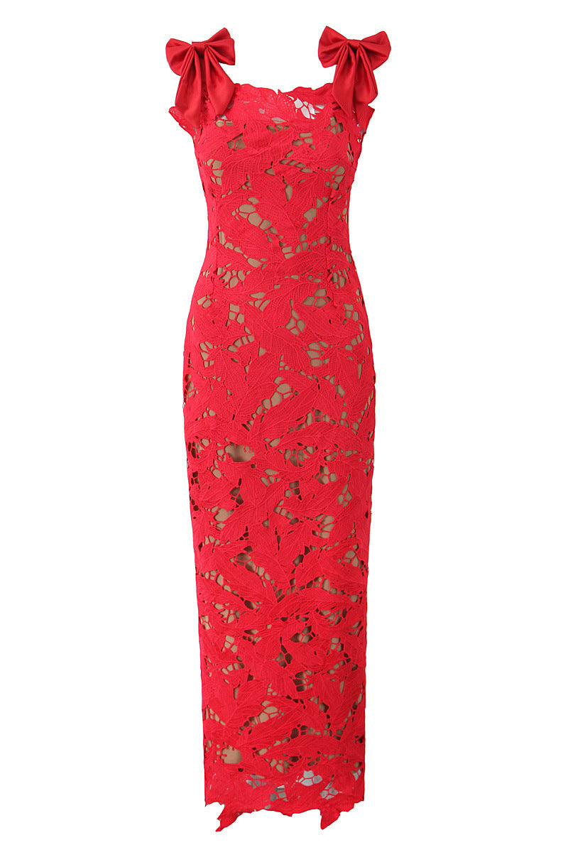 Bow Straps Red Floral Lace Bodycon Maxi Dress